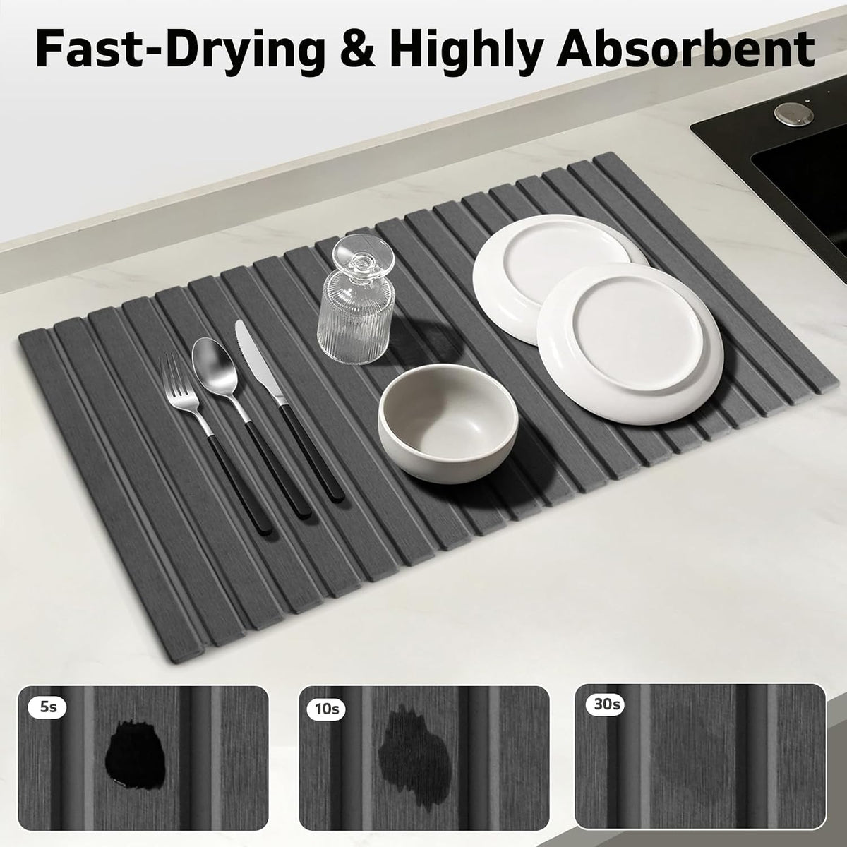 Large Stone Dish Drying Mat for Kitchen Counter – 24"(L)×16 "(W) Foldable Super Absorbent Diatomaceous Earth Stone Dish/Bath Mat, Kitchen Counter Mat for Plate Rack, Cup, Match Any Countertop - Gray