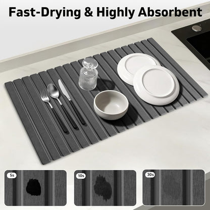 Large Stone Dish Drying Mat for Kitchen Counter – 24"(L)×16 "(W) Foldable Super Absorbent Diatomaceous Earth Stone Dish/Bath Mat, Kitchen Counter Mat for Plate Rack, Cup, Match Any Countertop - Gray