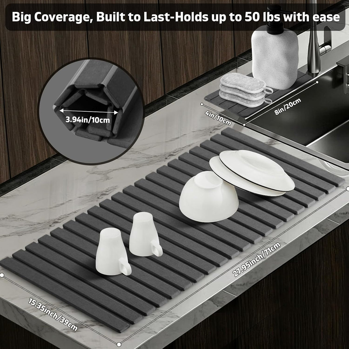 Large Stone Dish Drying Mat for Kitchen Counter – 24"(L)×16 "(W) Foldable Super Absorbent Diatomaceous Earth Stone Dish/Bath Mat, Kitchen Counter Mat for Plate Rack, Cup, Match Any Countertop - Gray