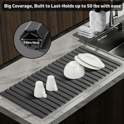 Large Stone Dish Drying Mat for Kitchen Counter – 24"(L)×16 "(W) Foldable Super Absorbent Diatomaceous Earth Stone Dish/Bath Mat, Kitchen Counter Mat for Plate Rack, Cup, Match Any Countertop - Gray