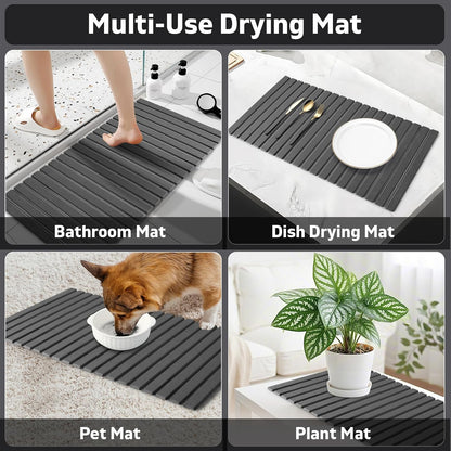 Large Stone Dish Drying Mat for Kitchen Counter – 24"(L)×16 "(W) Foldable Super Absorbent Diatomaceous Earth Stone Dish/Bath Mat, Kitchen Counter Mat for Plate Rack, Cup, Match Any Countertop - Gray