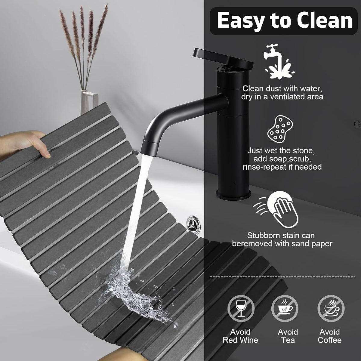 Large Stone Dish Drying Mat for Kitchen Counter – 24"(L)×16 "(W) Foldable Super Absorbent Diatomaceous Earth Stone Dish/Bath Mat, Kitchen Counter Mat for Plate Rack, Cup, Match Any Countertop - Gray