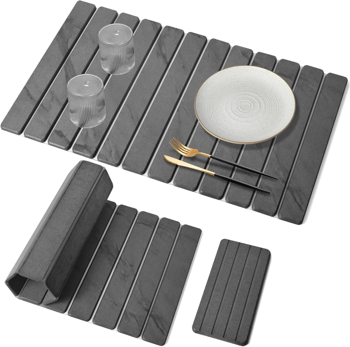 Large Stone Dish Drying Mat for Kitchen Counter – 24"(L)×16 "(W) Foldable Super Absorbent Diatomaceous Earth Stone Dish/Bath Mat, Kitchen Counter Mat for Plate Rack, Cup, Match Any Countertop - Gray