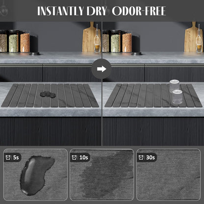 Large Stone Dish Drying Mat for Kitchen Counter – 24"(L)×16 "(W) Foldable Super Absorbent Diatomaceous Earth Stone Dish/Bath Mat, Kitchen Counter Mat for Plate Rack, Cup, Match Any Countertop - Gray