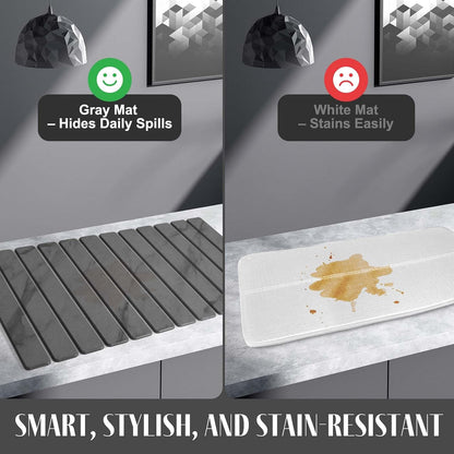 Large Stone Dish Drying Mat for Kitchen Counter – 24"(L)×16 "(W) Foldable Super Absorbent Diatomaceous Earth Stone Dish/Bath Mat, Kitchen Counter Mat for Plate Rack, Cup, Match Any Countertop - Gray