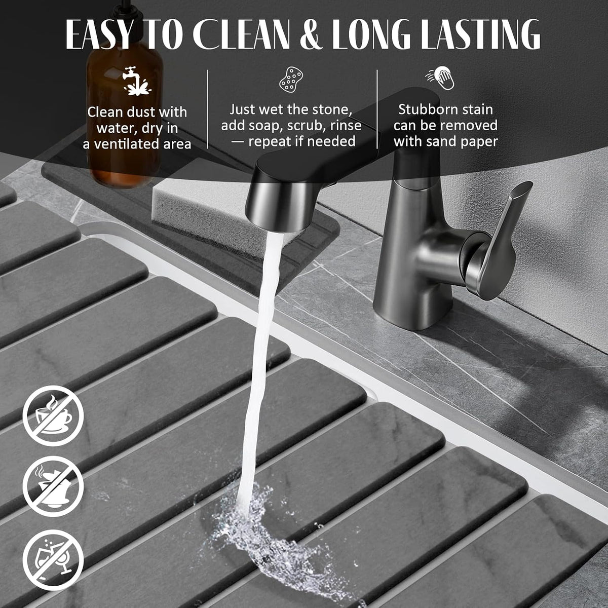 Large Stone Dish Drying Mat for Kitchen Counter – 24"(L)×16 "(W) Foldable Super Absorbent Diatomaceous Earth Stone Dish/Bath Mat, Kitchen Counter Mat for Plate Rack, Cup, Match Any Countertop - Gray