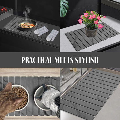 Large Stone Dish Drying Mat for Kitchen Counter – 24"(L)×16 "(W) Foldable Super Absorbent Diatomaceous Earth Stone Dish/Bath Mat, Kitchen Counter Mat for Plate Rack, Cup, Match Any Countertop - Gray