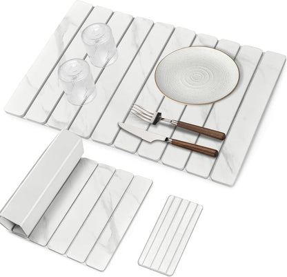 Large Stone Dish Drying Mat for Kitchen Counter – 24"(L)×16 "(W) Foldable Super Absorbent Diatomaceous Earth Stone Dish/Bath Mat, Kitchen Counter Mat for Plate Rack, Cup, Match Any Countertop - Gray
