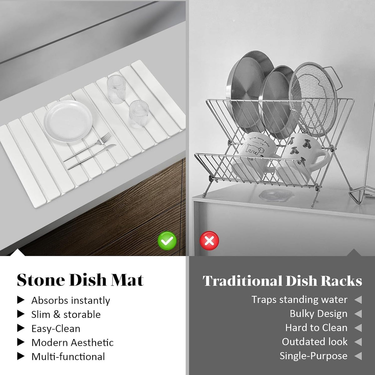 Large Stone Dish Drying Mat for Kitchen Counter – 24"(L)×16 "(W) Foldable Super Absorbent Diatomaceous Earth Stone Dish/Bath Mat, Kitchen Counter Mat for Plate Rack, Cup, Match Any Countertop - Gray