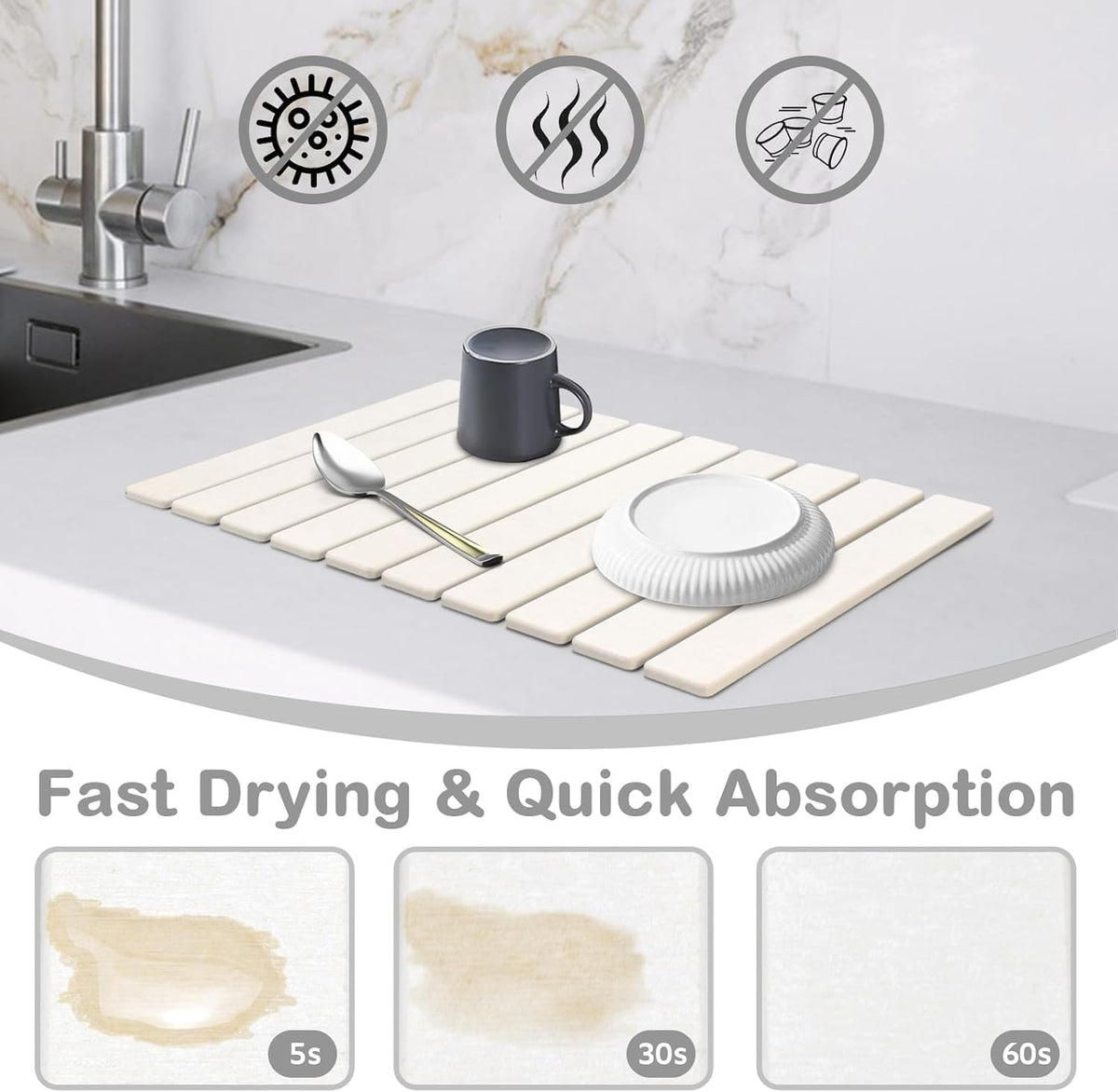 Large Stone Dish Drying Mat for Kitchen Counter – 24"(L)×16 "(W) Foldable Super Absorbent Diatomaceous Earth Stone Dish/Bath Mat, Kitchen Counter Mat for Plate Rack, Cup, Match Any Countertop - Gray