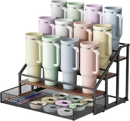 4-Tier Stanley Cup Rack with Basket for 12 Tumblers, Natural Wood