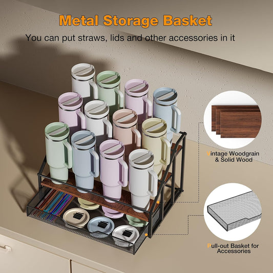 4-Tier Stanley Cup Rack with Basket for 12 Tumblers, Natural Wood