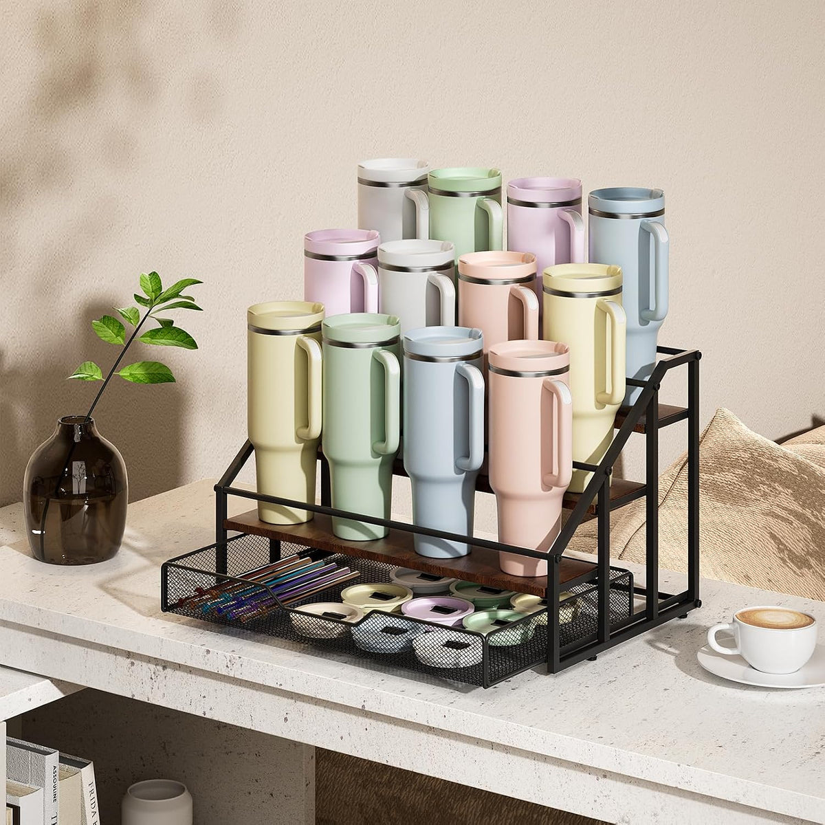 4-Tier Stanley Cup Rack with Basket for 12 Tumblers, Natural Wood