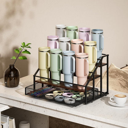 4-Tier Stanley Cup Rack with Basket for 12 Tumblers, Natural Wood