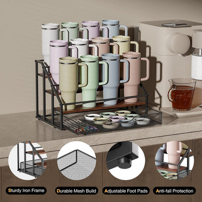 4-Tier Stanley Cup Rack with Basket for 12 Tumblers, Natural Wood
