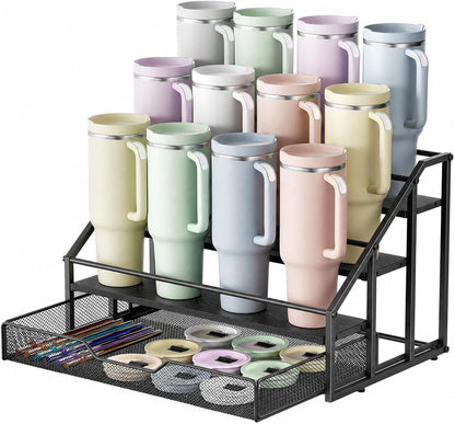 4-Tier Stanley Cup Rack with Basket for 12 Tumblers, Natural Wood