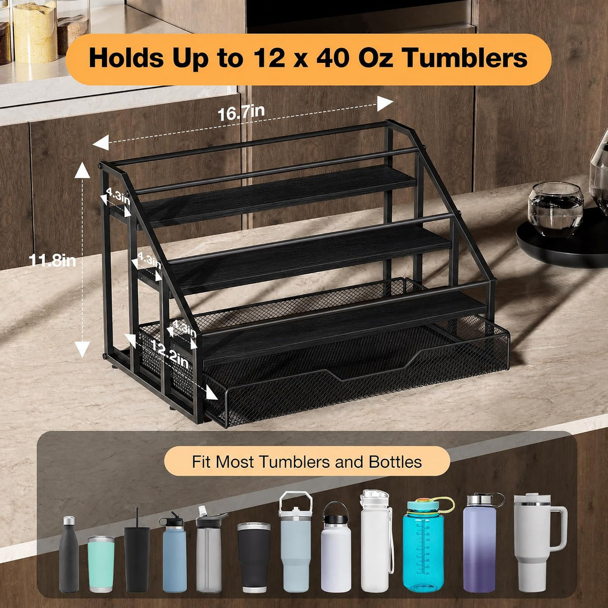 4-Tier Stanley Cup Rack with Basket for 12 Tumblers, Natural Wood