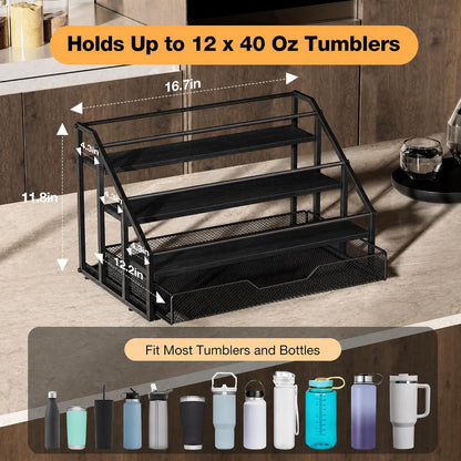 4-Tier Stanley Cup Rack with Basket for 12 Tumblers, Natural Wood