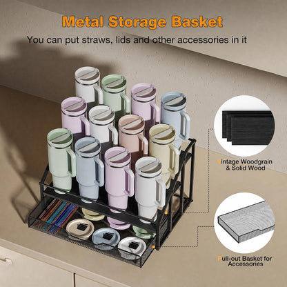 4-Tier Stanley Cup Rack with Basket for 12 Tumblers, Natural Wood