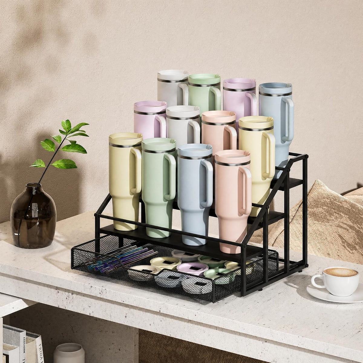 4-Tier Stanley Cup Rack with Basket for 12 Tumblers, Natural Wood