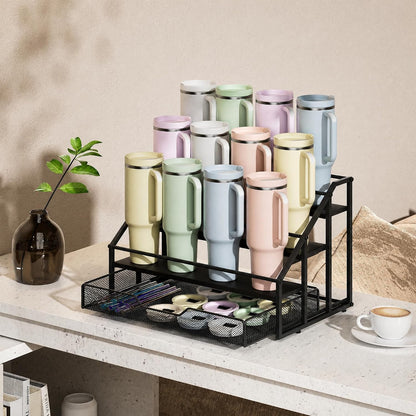 4-Tier Stanley Cup Rack with Basket for 12 Tumblers, Natural Wood