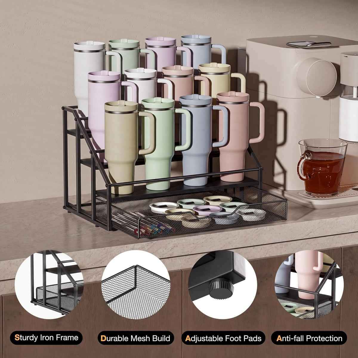 4-Tier Stanley Cup Rack with Basket for 12 Tumblers, Natural Wood
