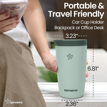 12oz Travel Coffee Mug with Lid | Insulated Stainless Steel Tumbler for Hot & Cold Drinks | Leakproof, Reusable, BPA Free, Dishwasher Safe, Cup Holder Friendly, Pastel Green