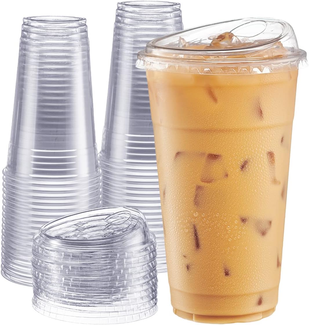 24 oz Clear Plastic Iced Coffee Cups with Lids [100 Sets]