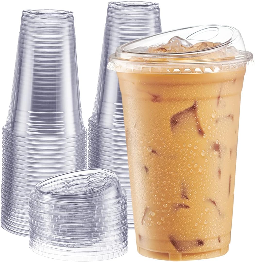 24 oz Clear Plastic Iced Coffee Cups with Lids [100 Sets]