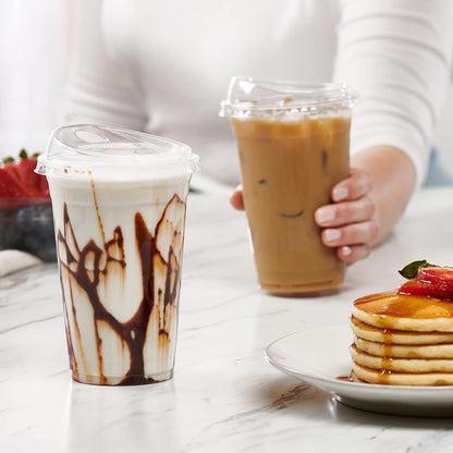 24 oz Clear Plastic Iced Coffee Cups with Lids [100 Sets]