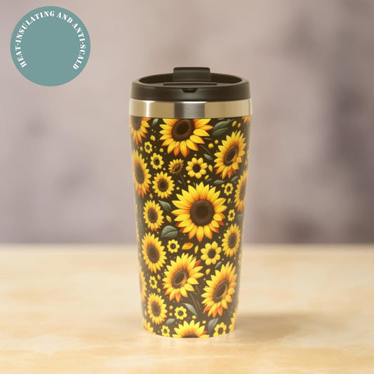 Sunflower Coffee Cup 15oz Small Insulated Stainless Steel Travel Tumbler with Flip Lid for Hot Cold Drinks Coffee Machine Friendly The Perfect Pairing For Coffee Lovers