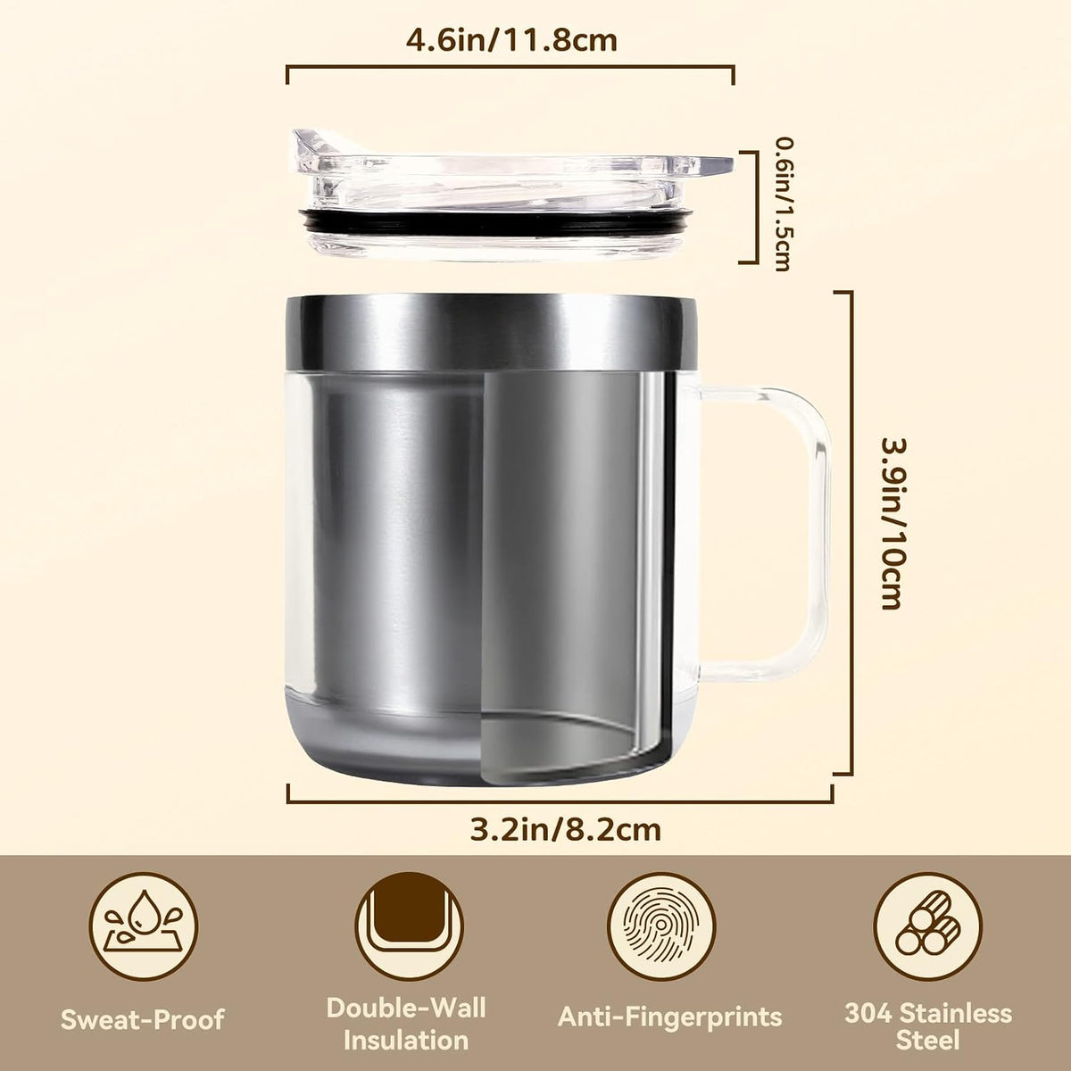 12oz Heated Mug for Coffee, 304 Stainless Steel Coffee Cup Warmer Set, USB Electric Mug Warmer for Desk, Temperature Control Coffee Cup (Silver Classic-12oz)