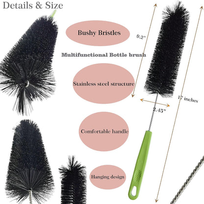 17 Inches Extra Long Handle Bottle Cleaning Brush for Narrow Neck Wine, Beer Bottle, Sport Bottles, Baby Bottles, deep Cups, Vase, Thermos, Glass, Pipes, Kitchen Sinks, Flask, and Hummingbird Feeders
