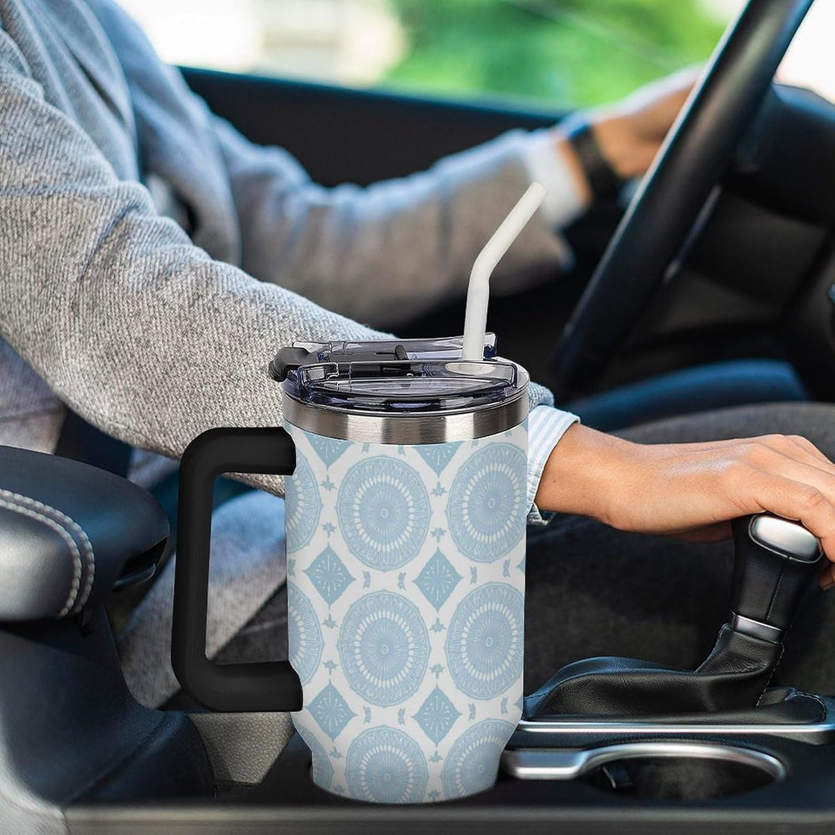 Leakproof Car Cup Vacuum Sealed With Lid For Office Crystal Clear Blue Water Ripple Print Drinkware Light Rose Red-style-5 - Colors B