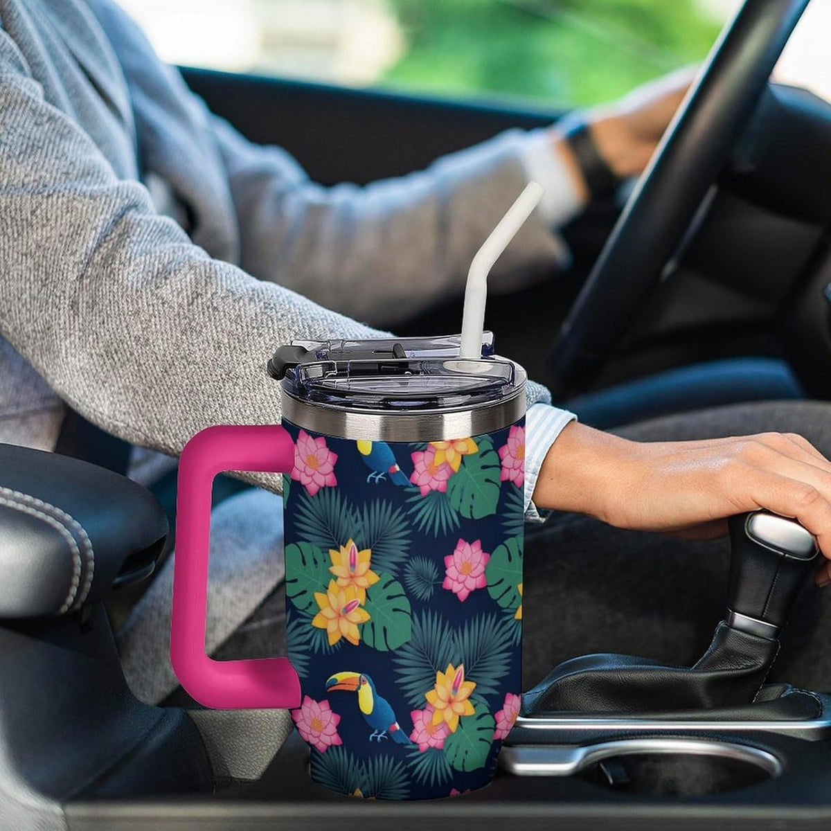 Leakproof Car Cup Vacuum Sealed With Lid For Office Crystal Clear Blue Water Ripple Print Drinkware Light Rose Red-style-5 - Colors B