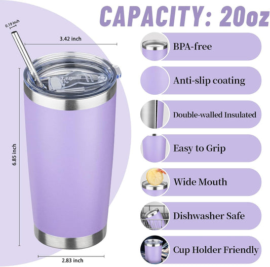 20 oz Tumbler with Lids and Straws, Stainless Steel Insulated Travel Coffee Mug, Double Wall Vacuum Insulated Tumblers, Powder Coated Coffee Tumbler for Cold & Hot Drinks (Light Purple)
