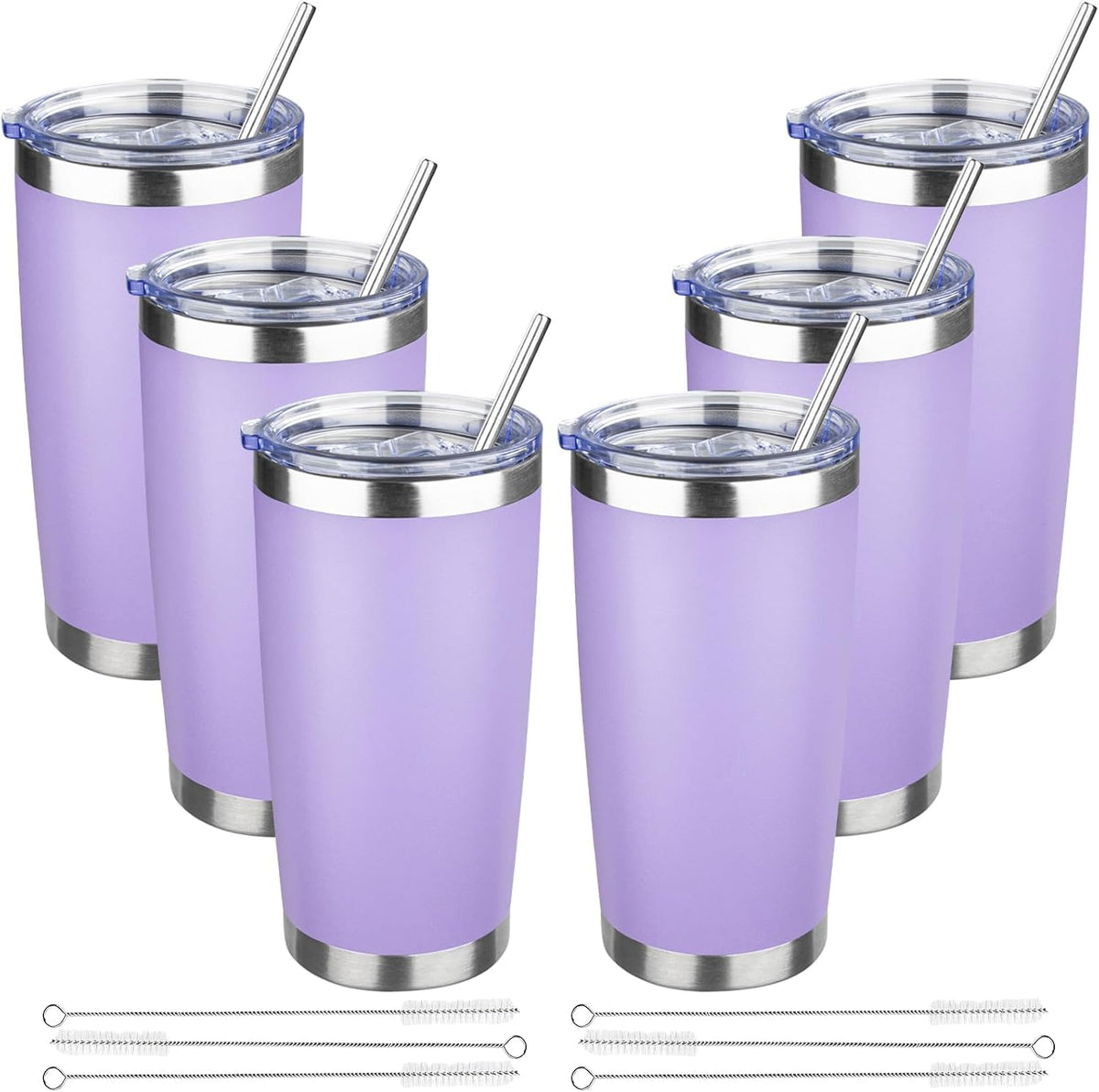 20 oz Tumbler with Lids and Straws, Stainless Steel Insulated Travel Coffee Mug, Double Wall Vacuum Insulated Tumblers, Powder Coated Coffee Tumbler for Cold & Hot Drinks (Light Purple)