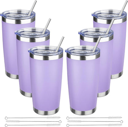 20 oz Tumbler with Lids and Straws, Stainless Steel Insulated Travel Coffee Mug, Double Wall Vacuum Insulated Tumblers, Powder Coated Coffee Tumbler for Cold & Hot Drinks (Light Purple)
