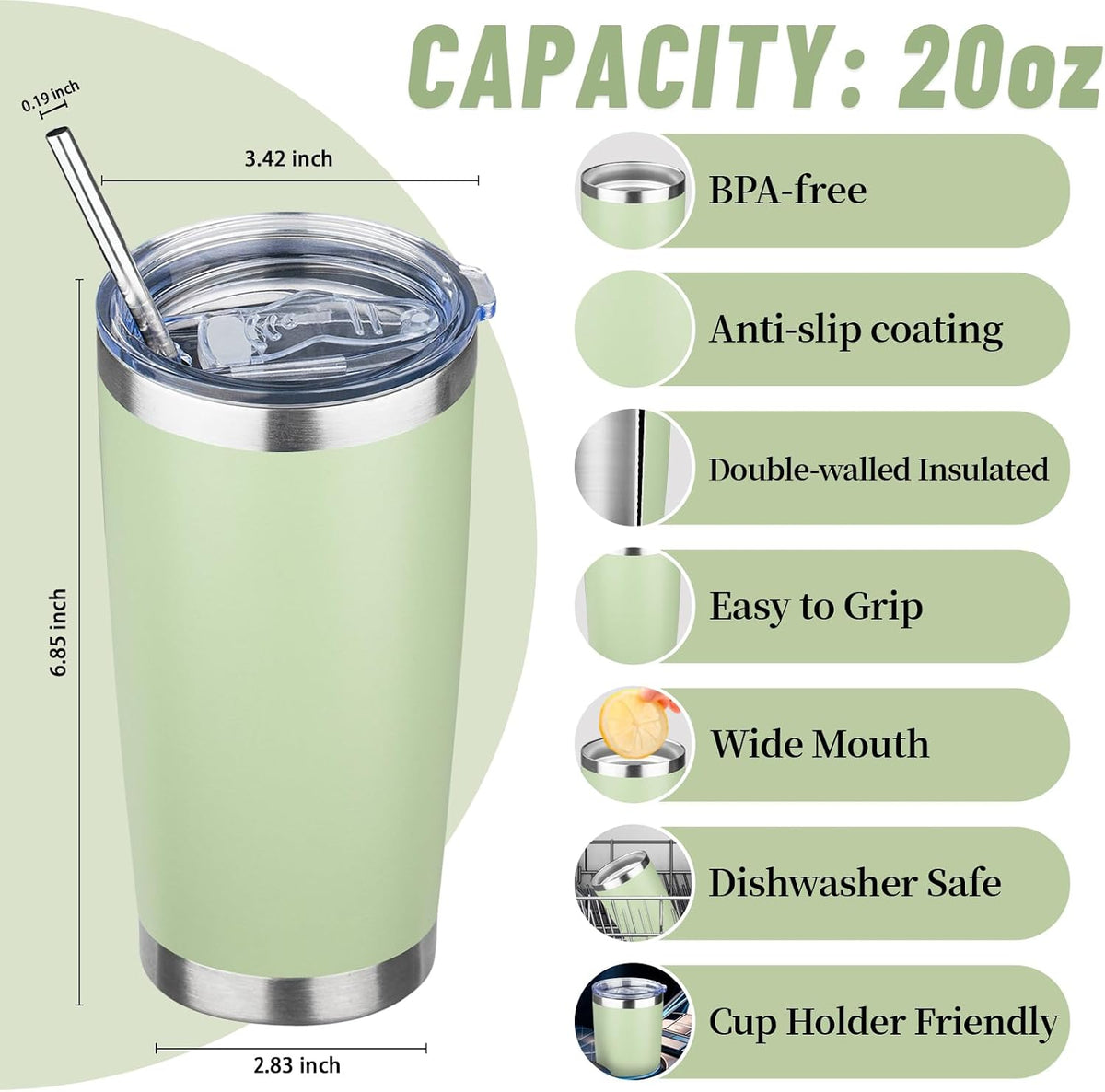20 oz Tumbler with Lids and Straws, Stainless Steel Insulated Travel Coffee Mug, Double Wall Vacuum Insulated Tumblers, Powder Coated Coffee Tumbler for Cold & Hot Drinks (Light Purple)