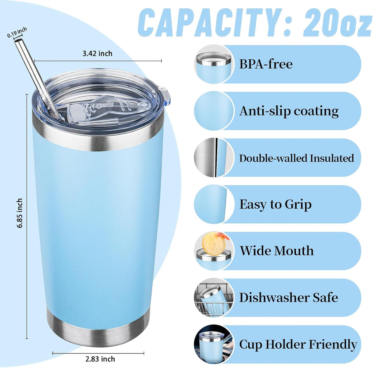 20 oz Tumbler with Lids and Straws, Stainless Steel Insulated Travel Coffee Mug, Double Wall Vacuum Insulated Tumblers, Powder Coated Coffee Tumbler for Cold & Hot Drinks (Light Purple)