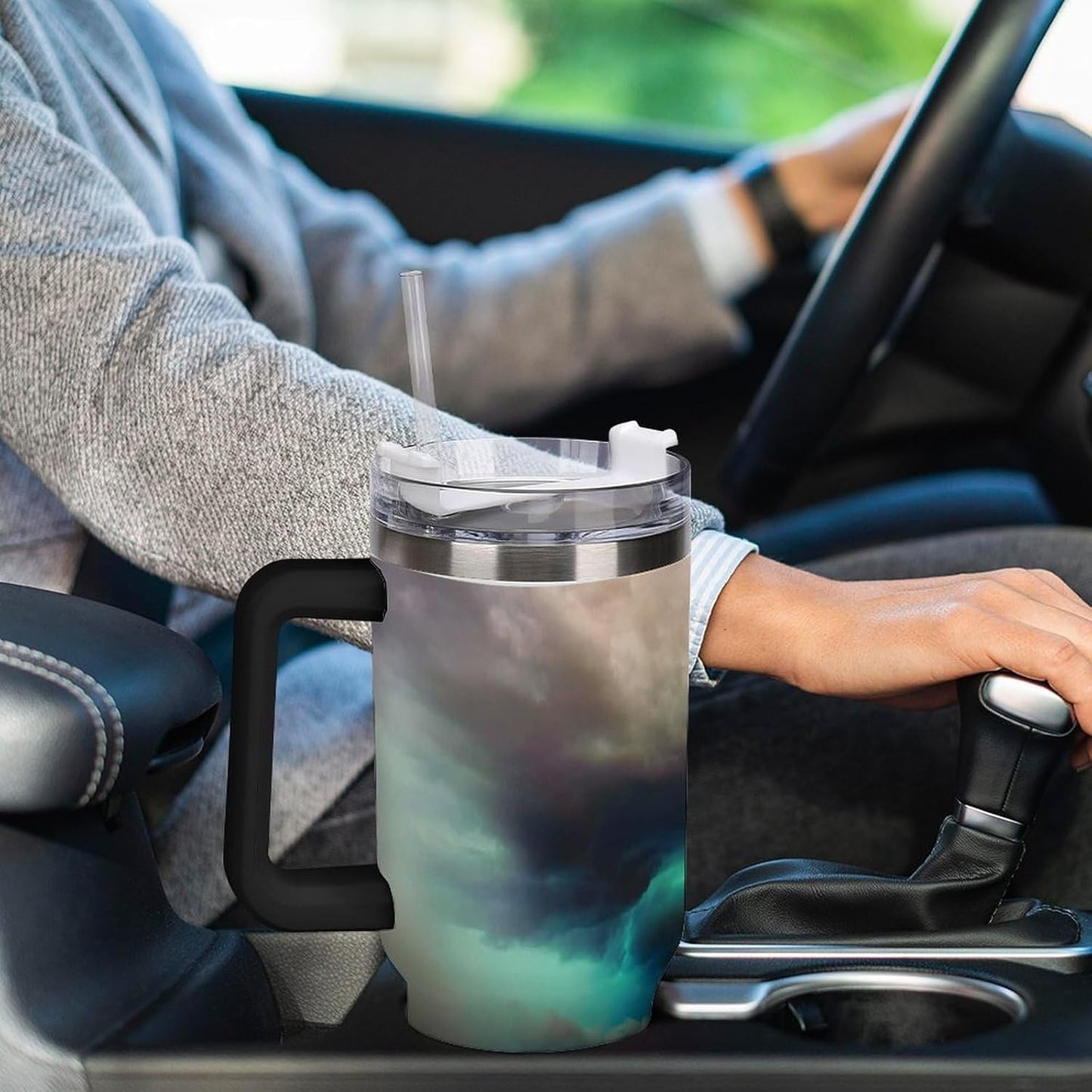 Space Constellation 304 Stainless Steel Double Wall Insulated Tumbler with Leakproof Slide Lid and Straw Large Capacity Travel Mug Black-Space Constellation