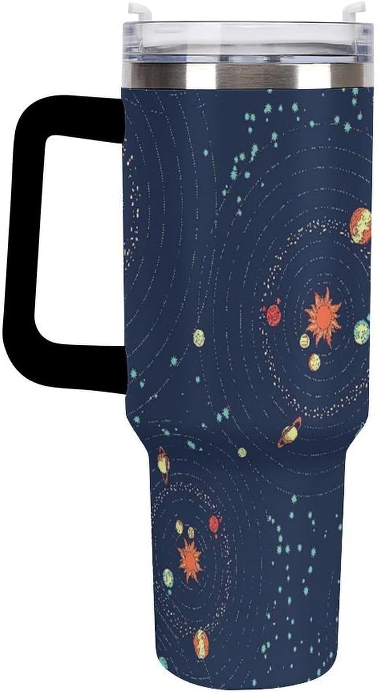 Space Constellation 304 Stainless Steel Double Wall Insulated Tumbler with Leakproof Slide Lid and Straw Large Capacity Travel Mug Black-Space Constellation