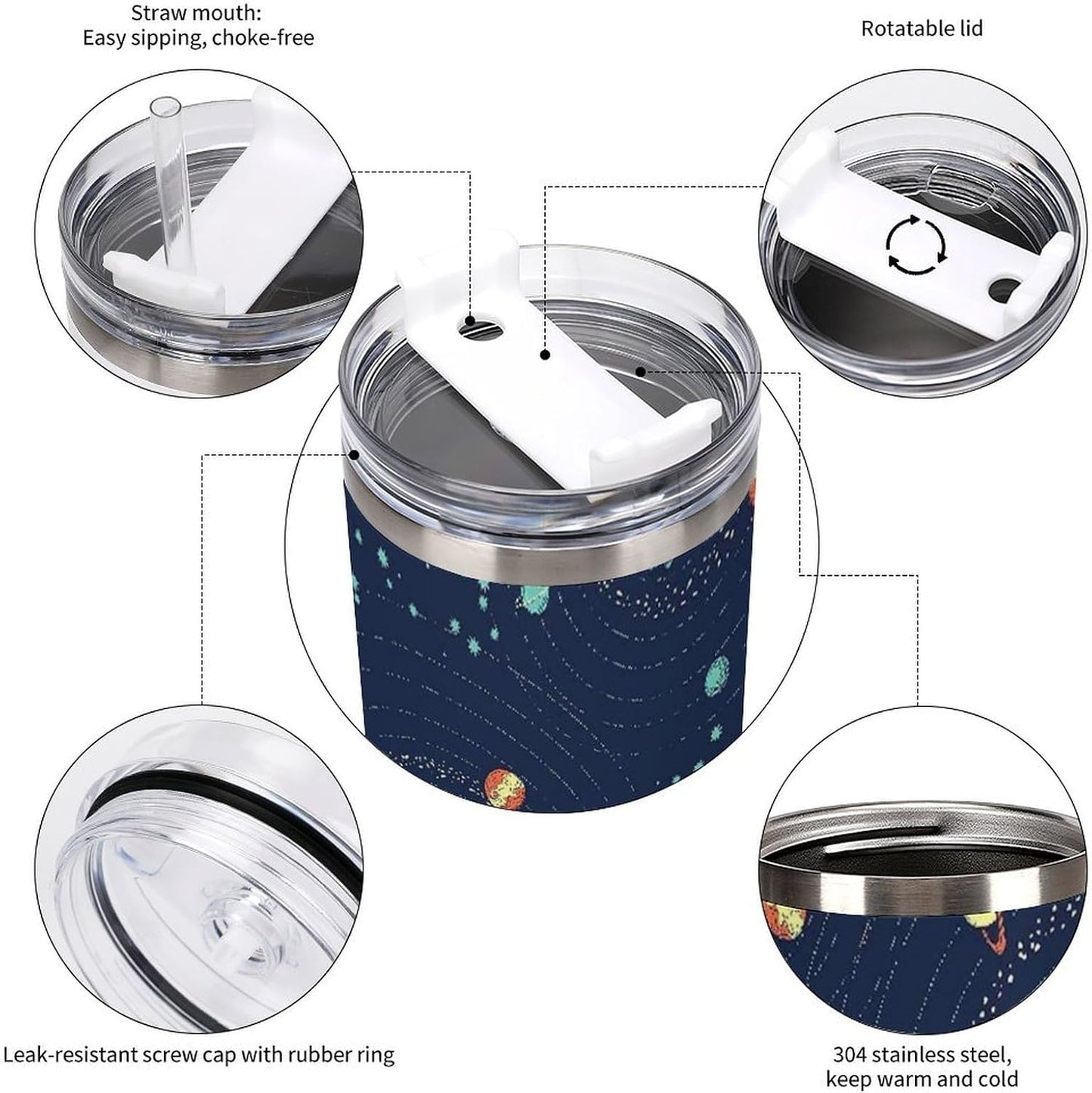 Space Constellation 304 Stainless Steel Double Wall Insulated Tumbler with Leakproof Slide Lid and Straw Large Capacity Travel Mug Black-Space Constellation