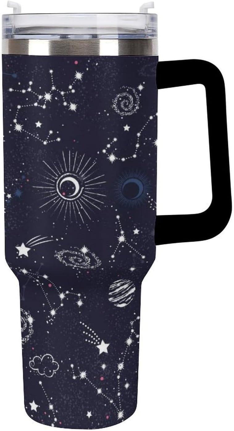 Space Constellation 304 Stainless Steel Double Wall Insulated Tumbler with Leakproof Slide Lid and Straw Large Capacity Travel Mug Black-Space Constellation