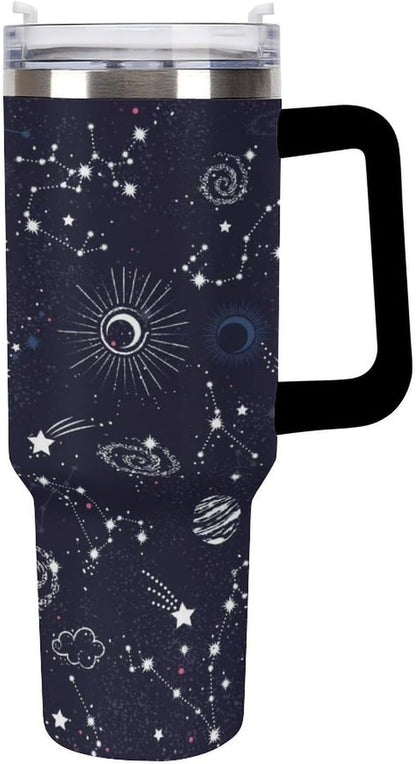 Space Constellation 304 Stainless Steel Double Wall Insulated Tumbler with Leakproof Slide Lid and Straw Large Capacity Travel Mug Black-Space Constellation