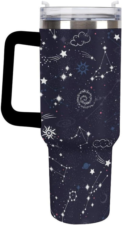 Space Constellation 304 Stainless Steel Double Wall Insulated Tumbler with Leakproof Slide Lid and Straw Large Capacity Travel Mug Black-Space Constellation