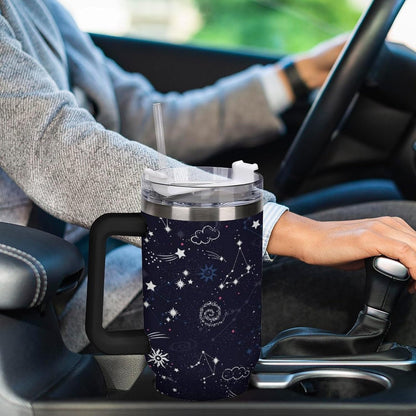 Space Constellation 304 Stainless Steel Double Wall Insulated Tumbler with Leakproof Slide Lid and Straw Large Capacity Travel Mug Black-Space Constellation