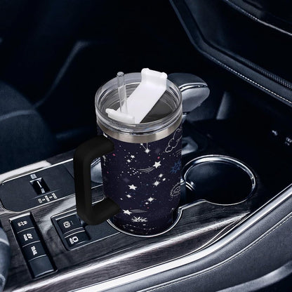 Space Constellation 304 Stainless Steel Double Wall Insulated Tumbler with Leakproof Slide Lid and Straw Large Capacity Travel Mug Black-Space Constellation
