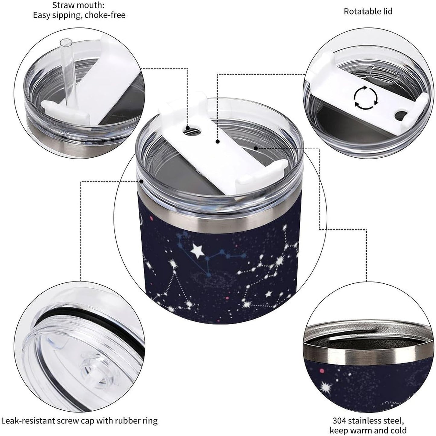 Space Constellation 304 Stainless Steel Double Wall Insulated Tumbler with Leakproof Slide Lid and Straw Large Capacity Travel Mug Black-Space Constellation