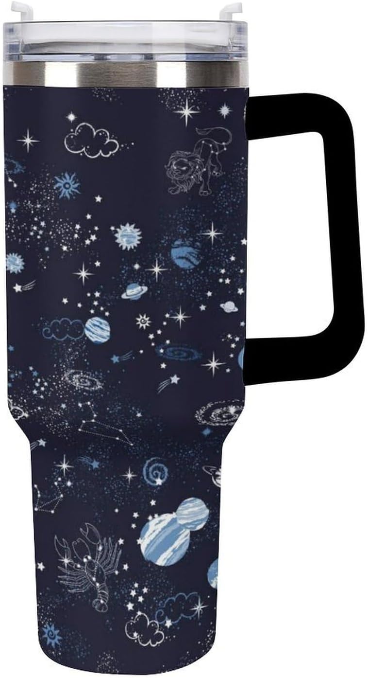 Space Constellation 304 Stainless Steel Double Wall Insulated Tumbler with Leakproof Slide Lid and Straw Large Capacity Travel Mug Black-Space Constellation